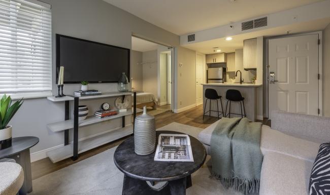 a living room with a tv and couches